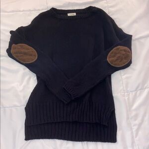 Elegant Navy Sweater with Brown Elbow Accents